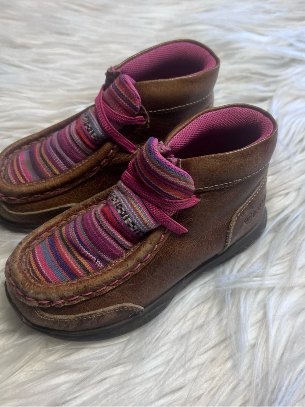 Ariat Aurora Brown Leather Kids Boots with Pink Multistripe Fabric
